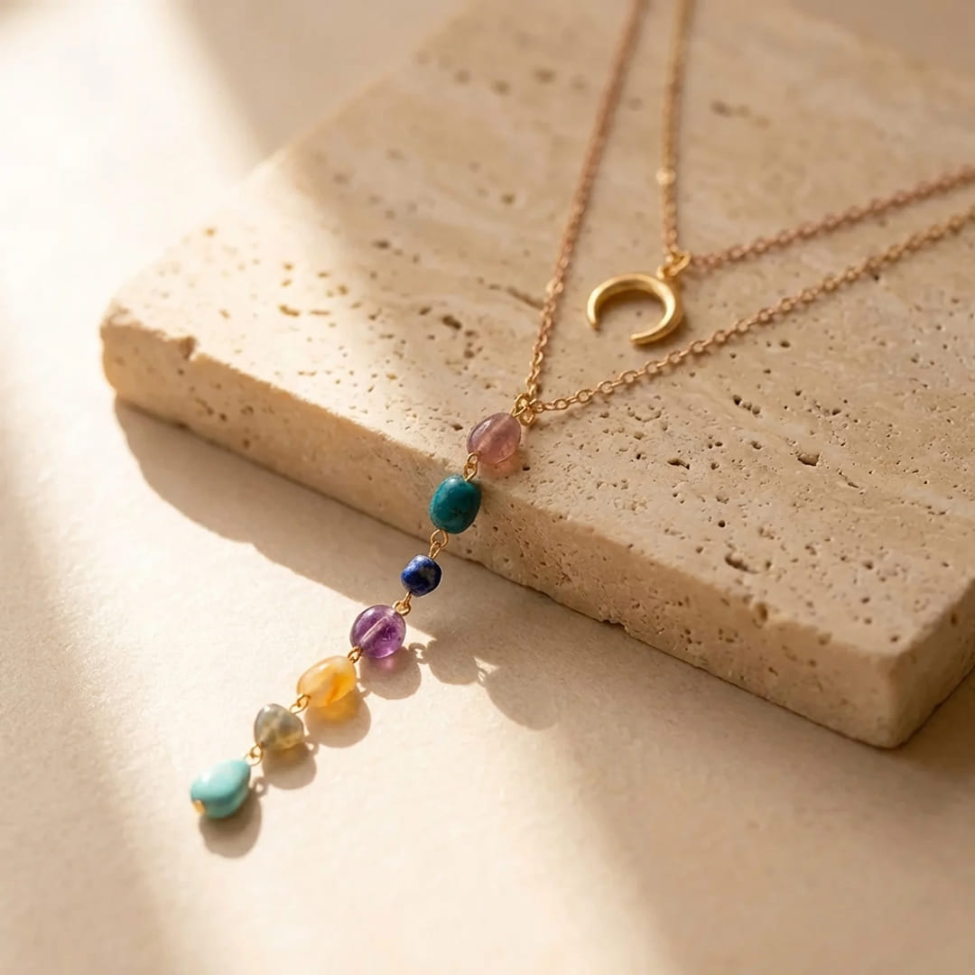 Double layer 7 Chakras necklace with crescent moon - KARMAKIND
