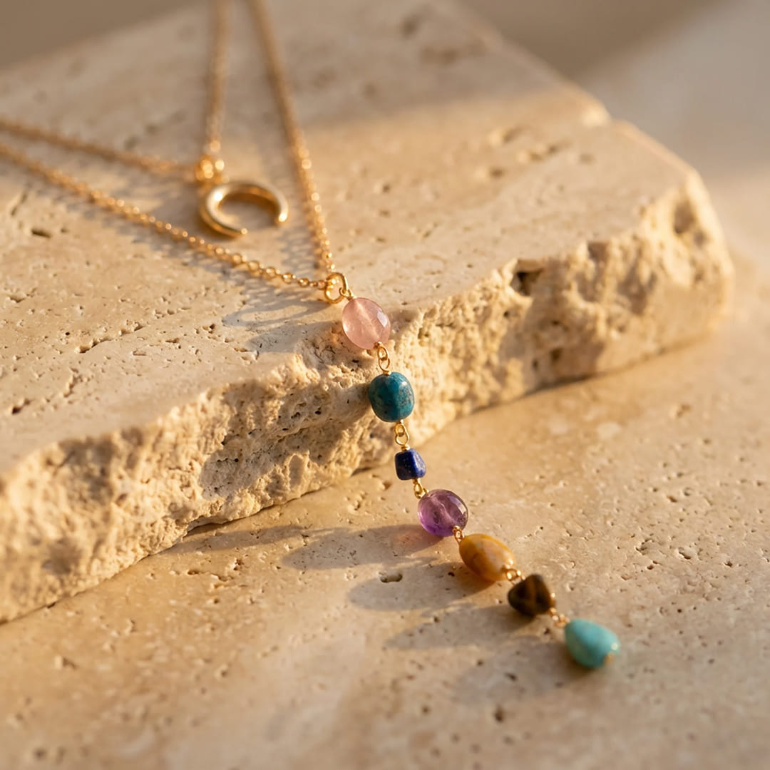 Model wearing the 7 Chakras waterfall necklace - KARMAKIND