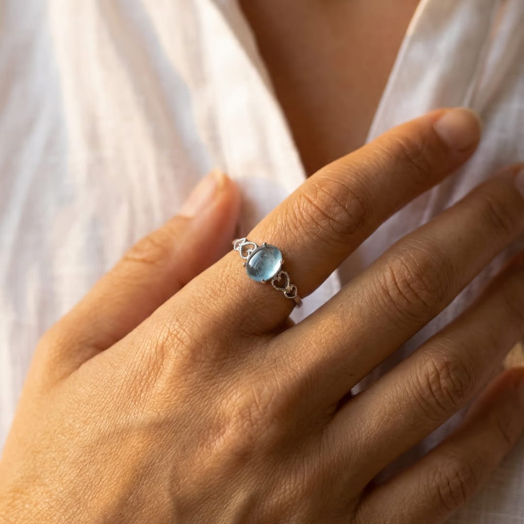 Close-up of the milky blue aquamarine stone on the ring - KARMAKIND