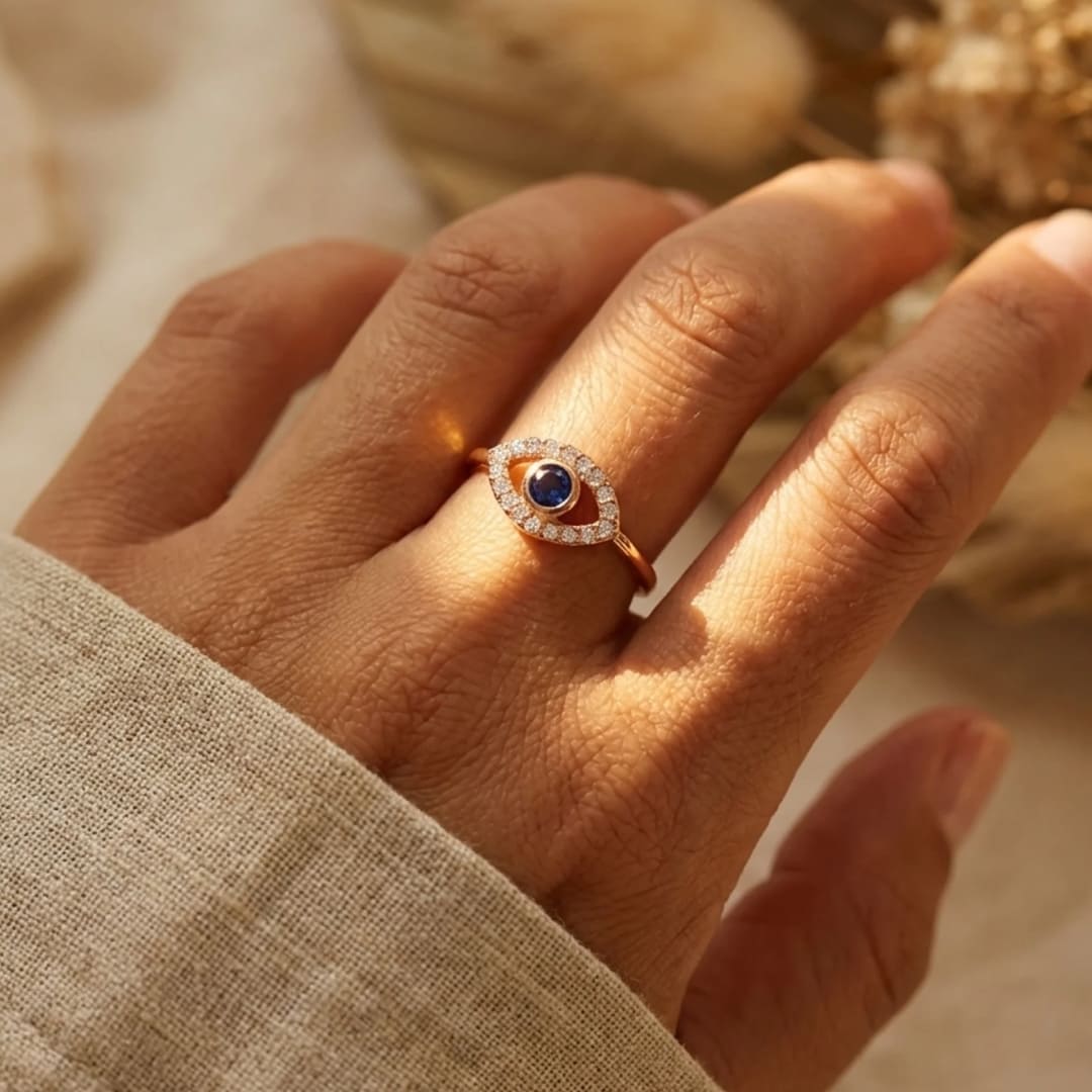 Close-up of the Adjustable Blue Eye Ring's blue stone - KARMAKIND
