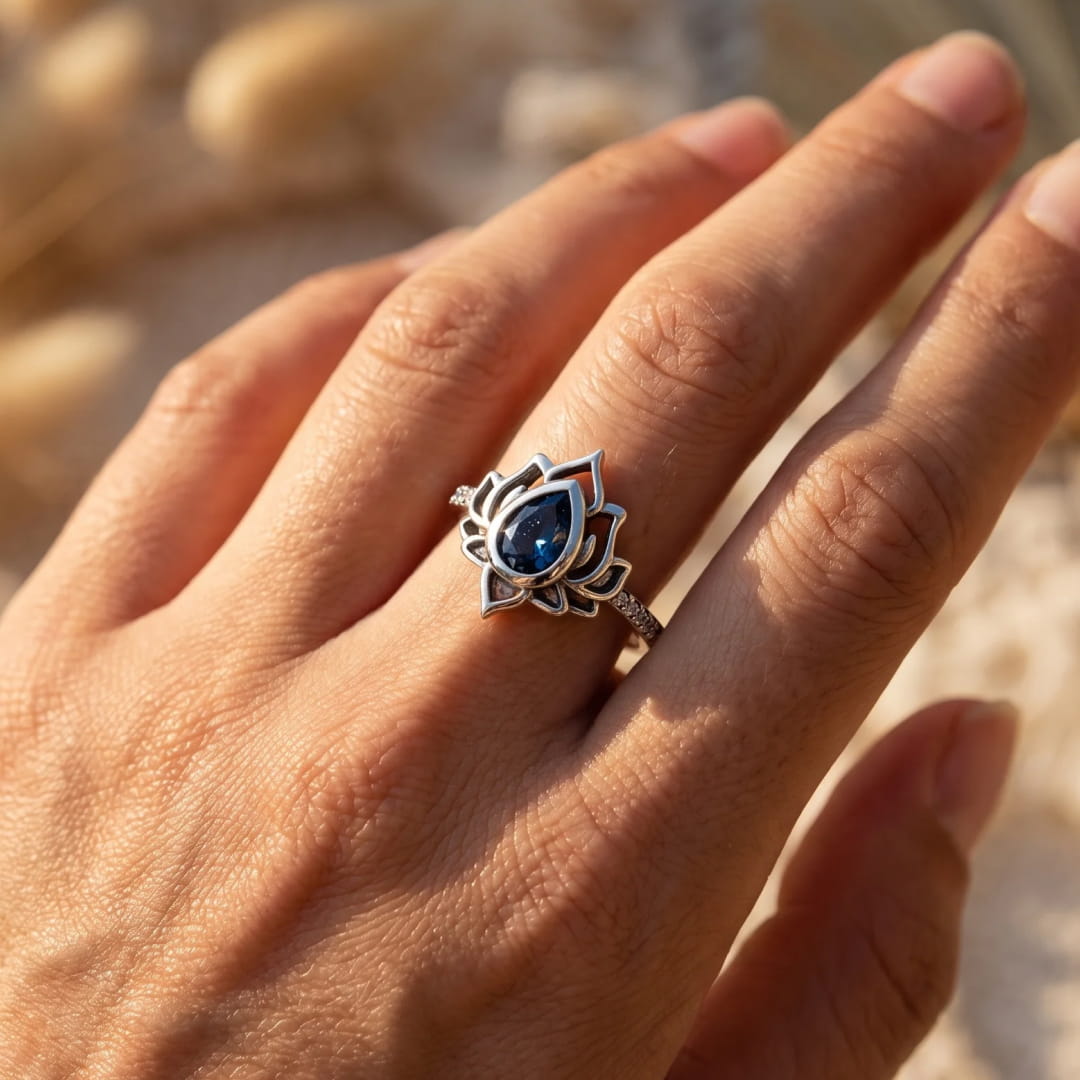Close-up of the deep blue stone and silver petals on the ring - KARMAKIND