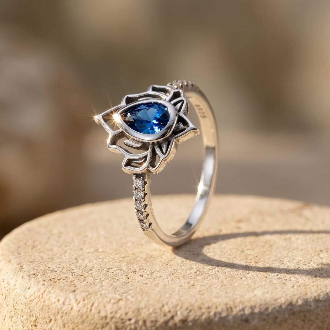 Detail of the adjustable band on the lotus flower ring - KARMAKIND