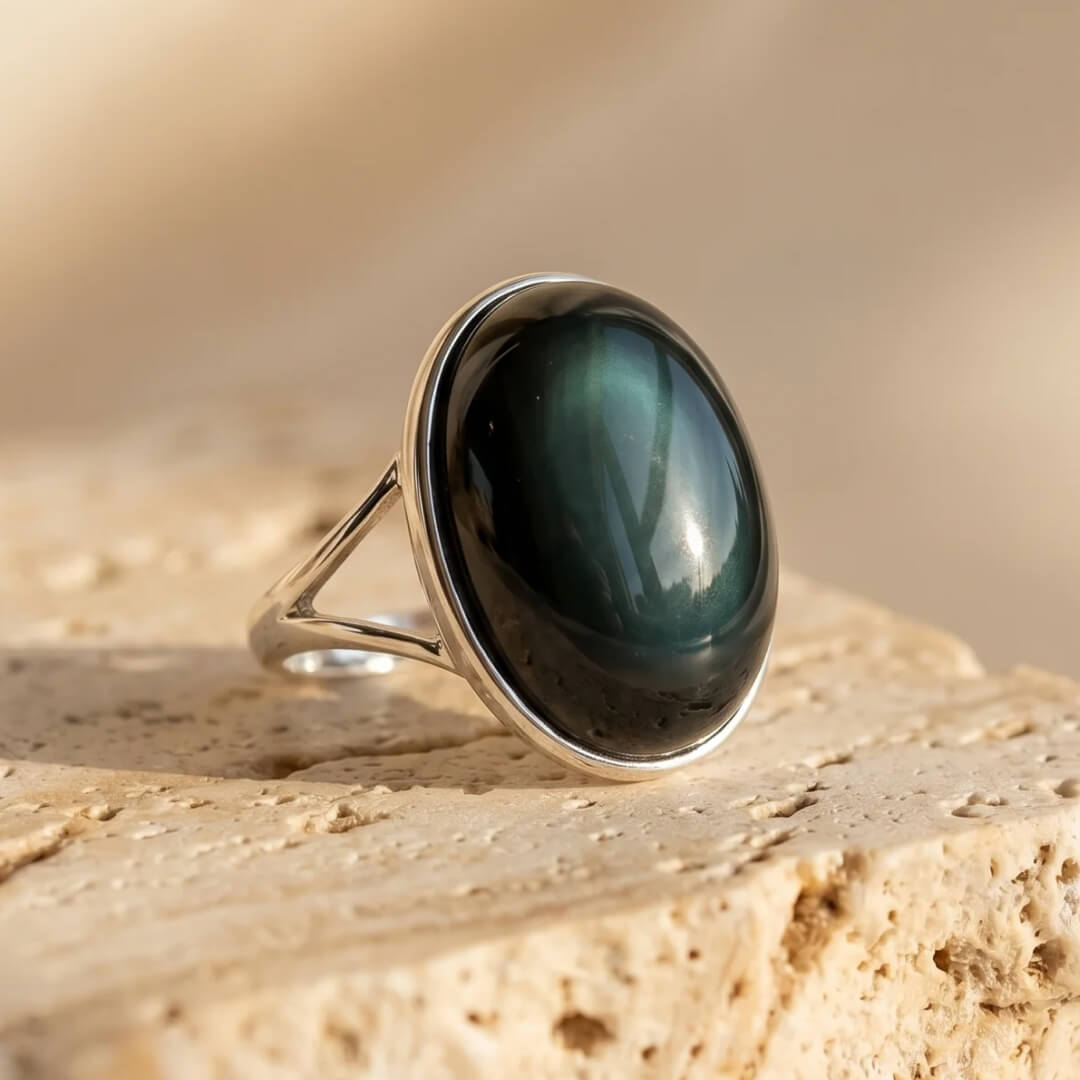 Adjustable Celestial Eye Obsidian Ring on a finger - KARMAKIND