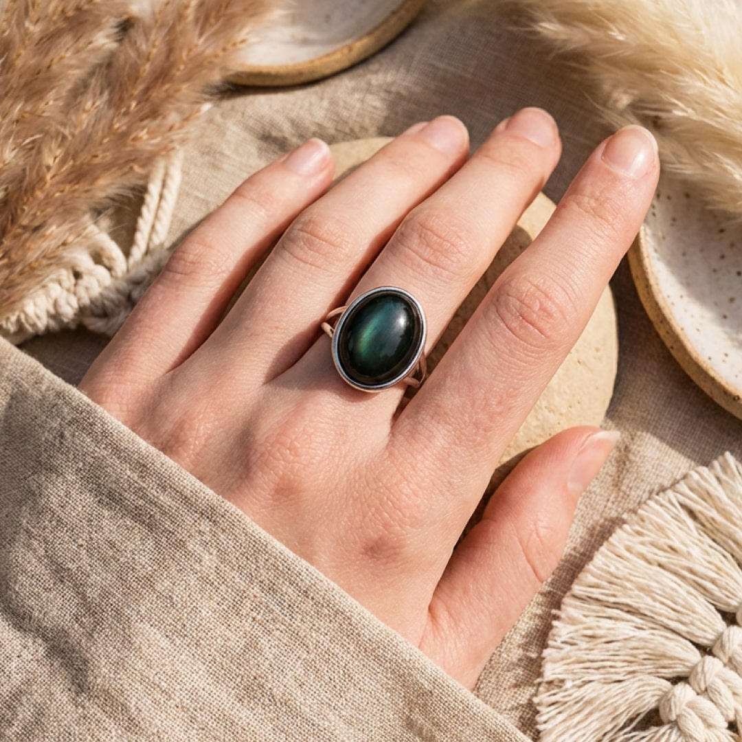 Obsidian ring with a captivating 'eye' effect - KARMAKIND