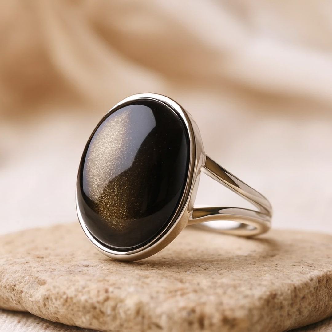 Adjustable Gold Sheen Obsidian Ring on a finger - KARMAKIND