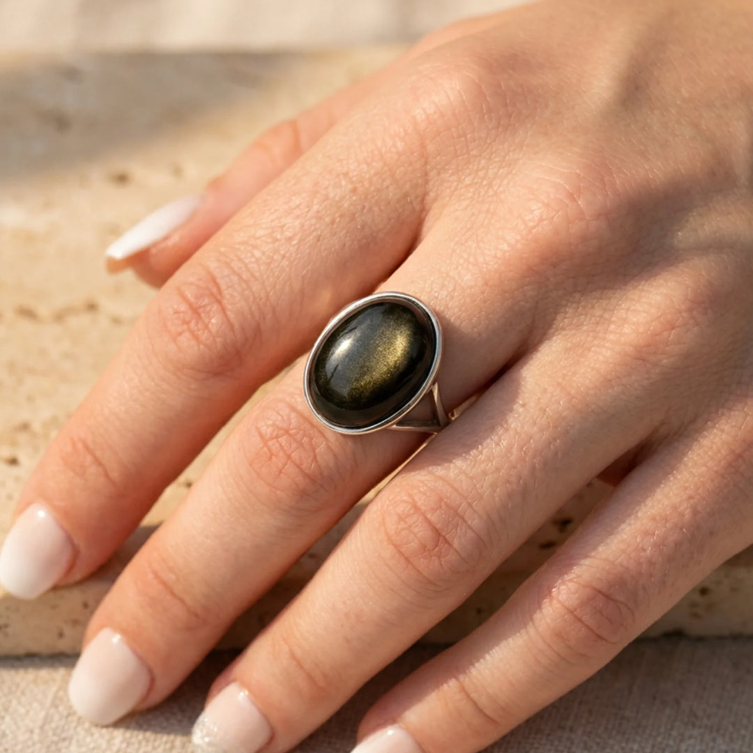 The adjustable band of the Gold Sheen Obsidian ring - KARMAKIND