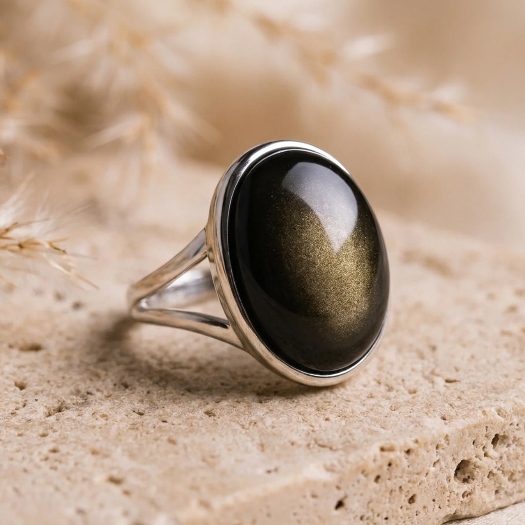 Obsidian ring with a subtle golden sheen - KARMAKIND