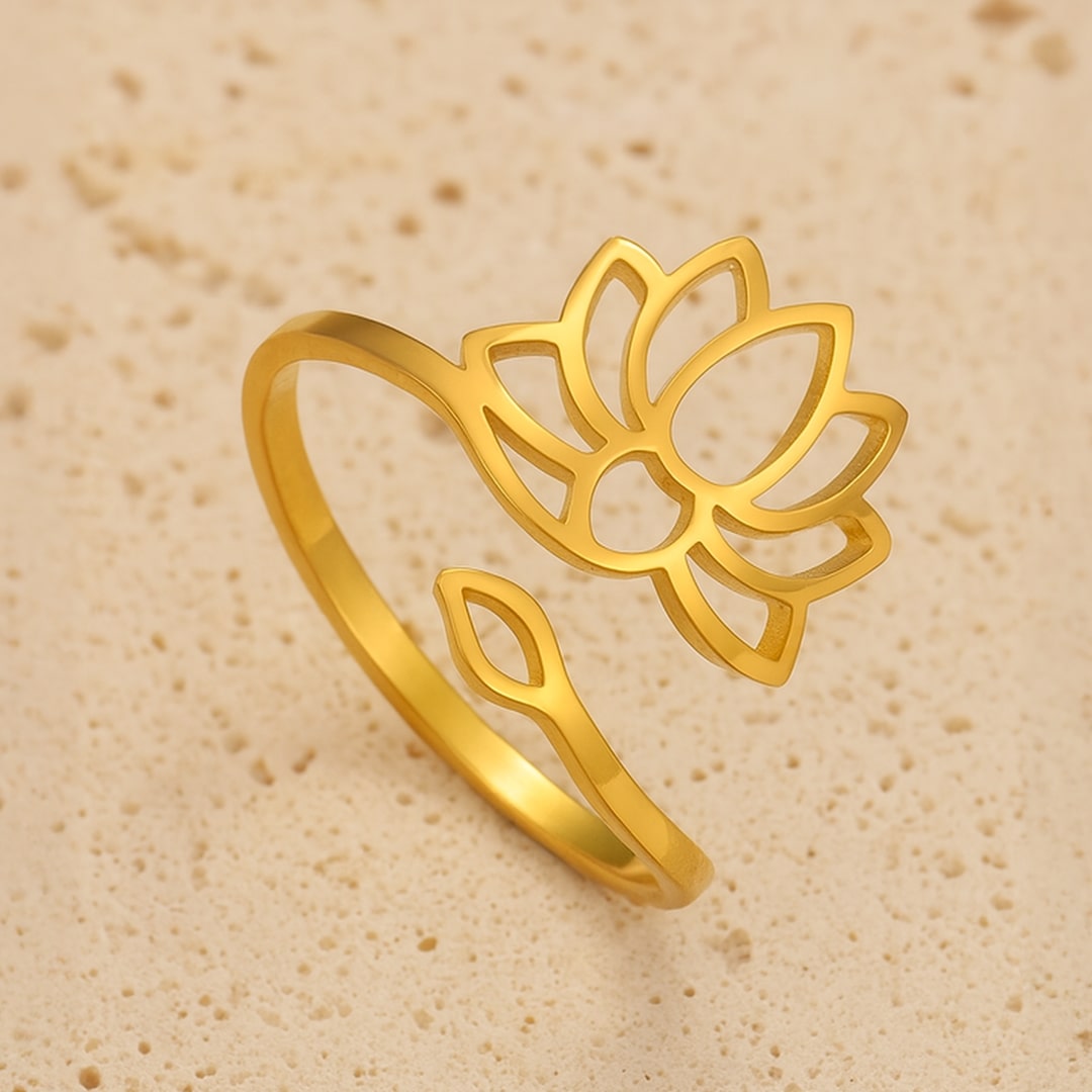 Adjustable Lotus Flower Ring on a finger - KARMAKIND