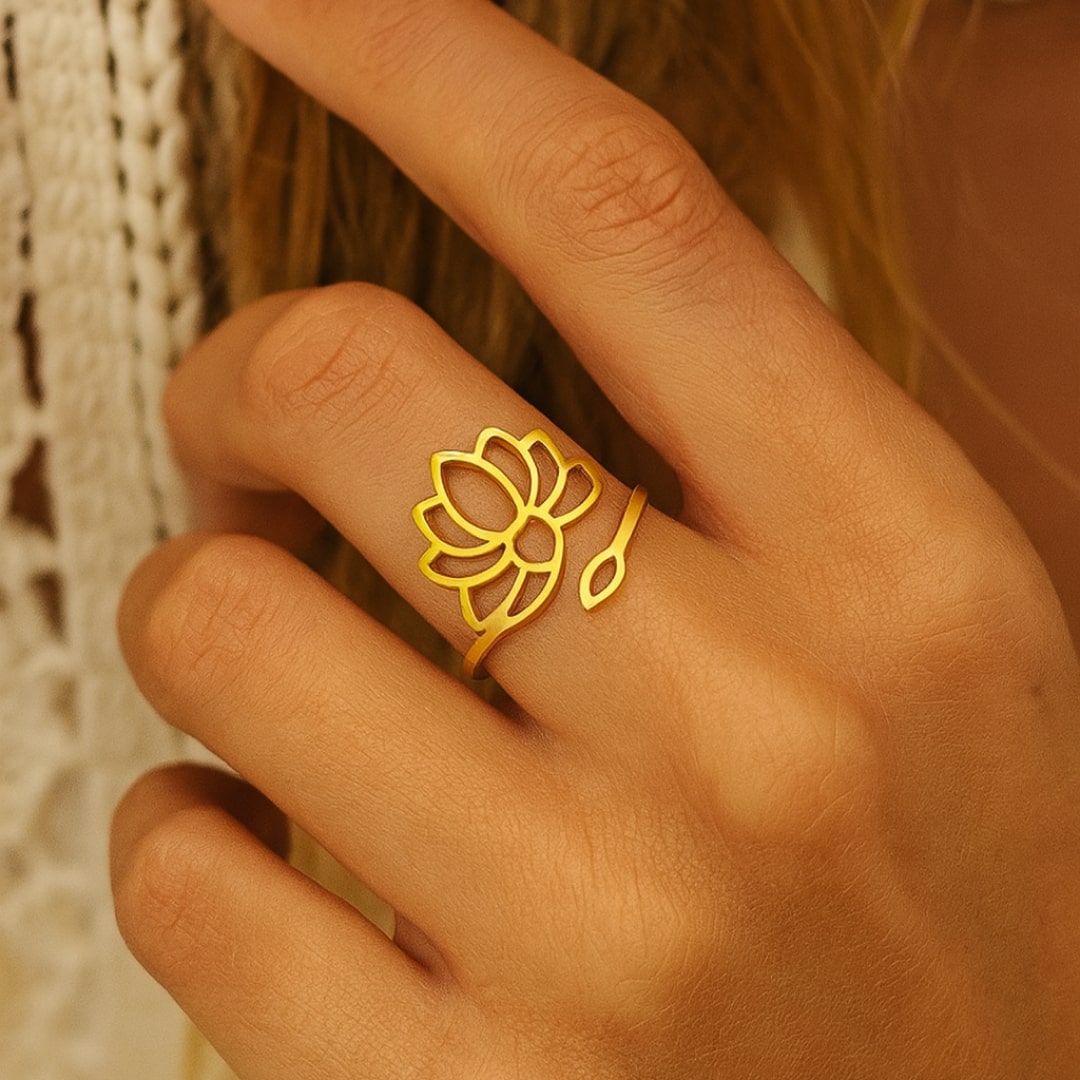 Close-up of the openwork lotus design on the ring - KARMAKIND
