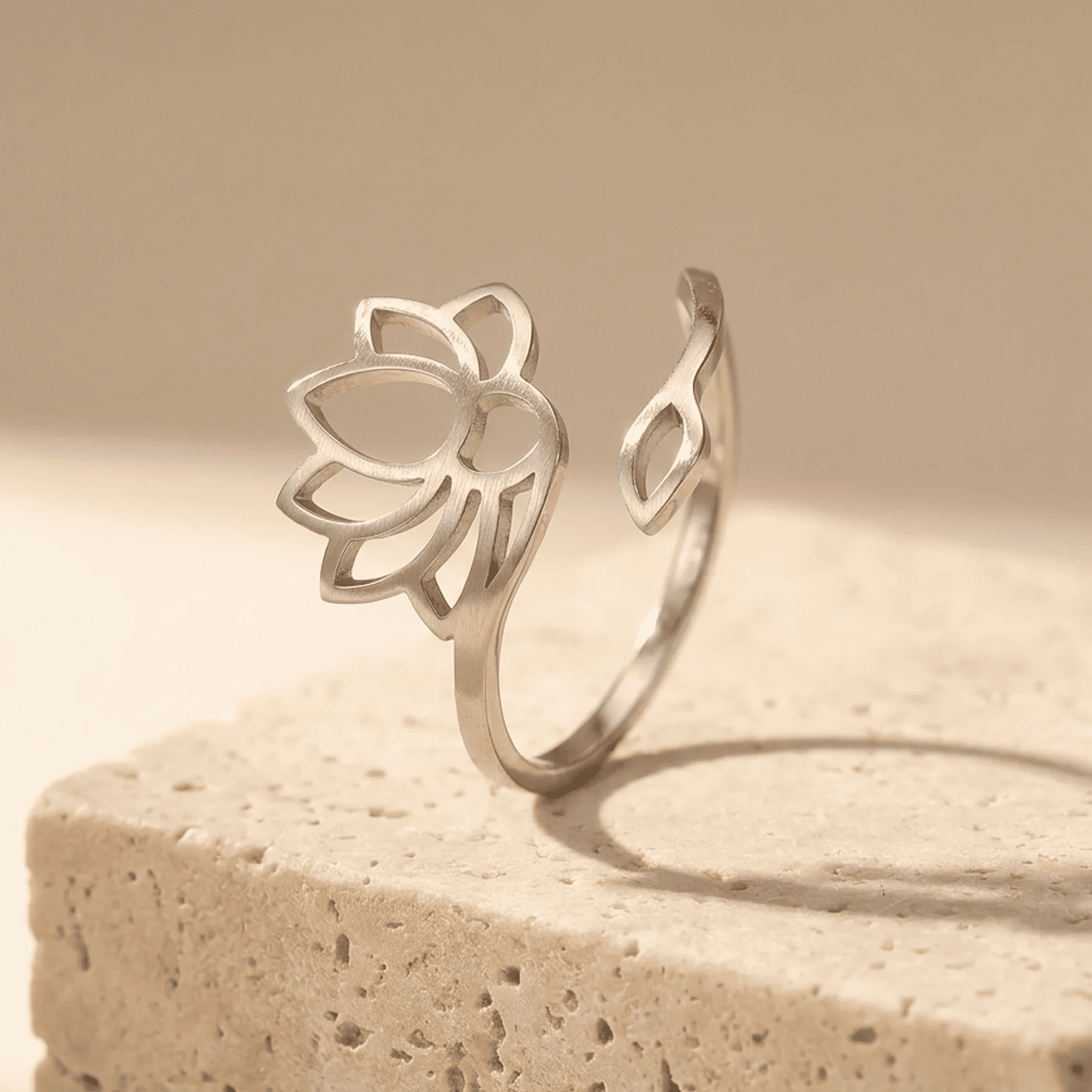 Lifestyle image of the Lotus Flower Ring being worn - KARMAKIND