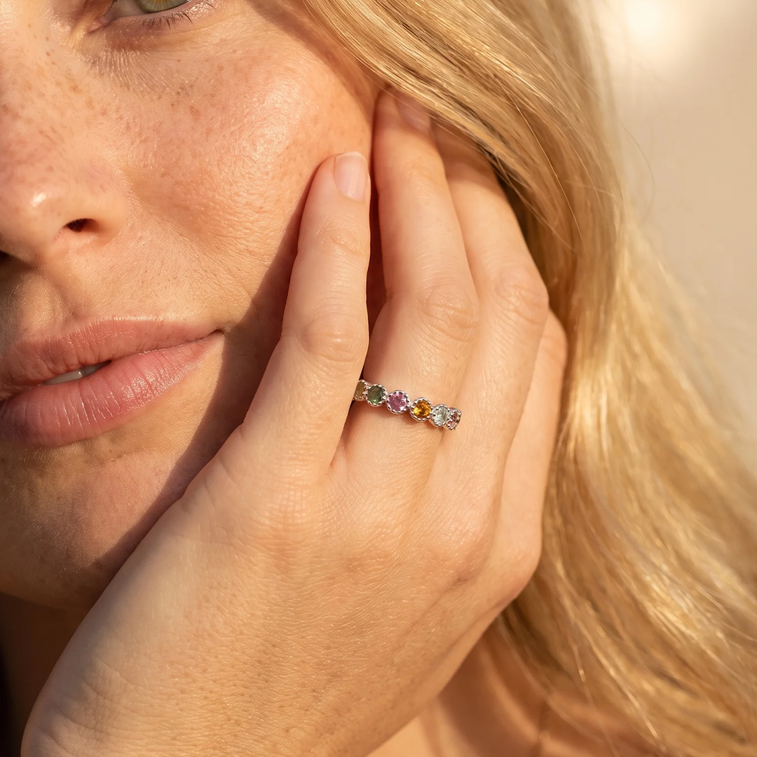 Close-up of the ring showing the mix of pink, green, and honey tourmalines - KARMAKIND