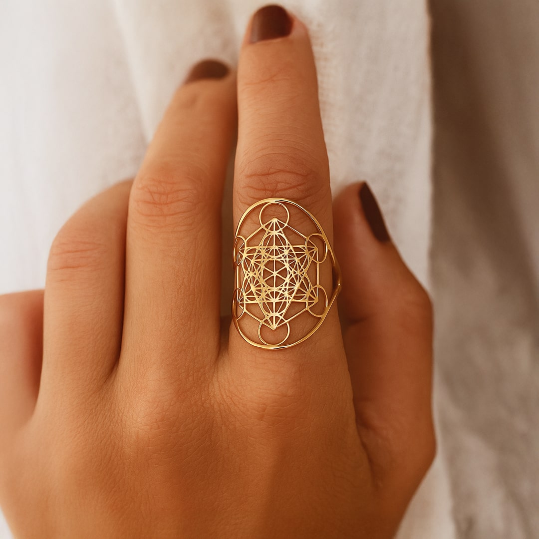Close-up of the adjustable Metatron Cube Ring - KARMAKIND