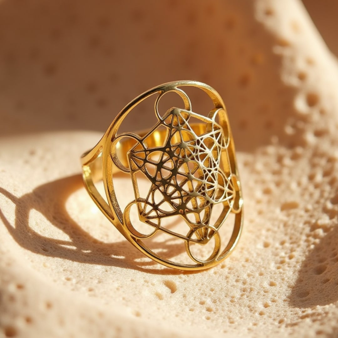 Metatron Cube symbol detail on the adjustable ring - KARMAKIND