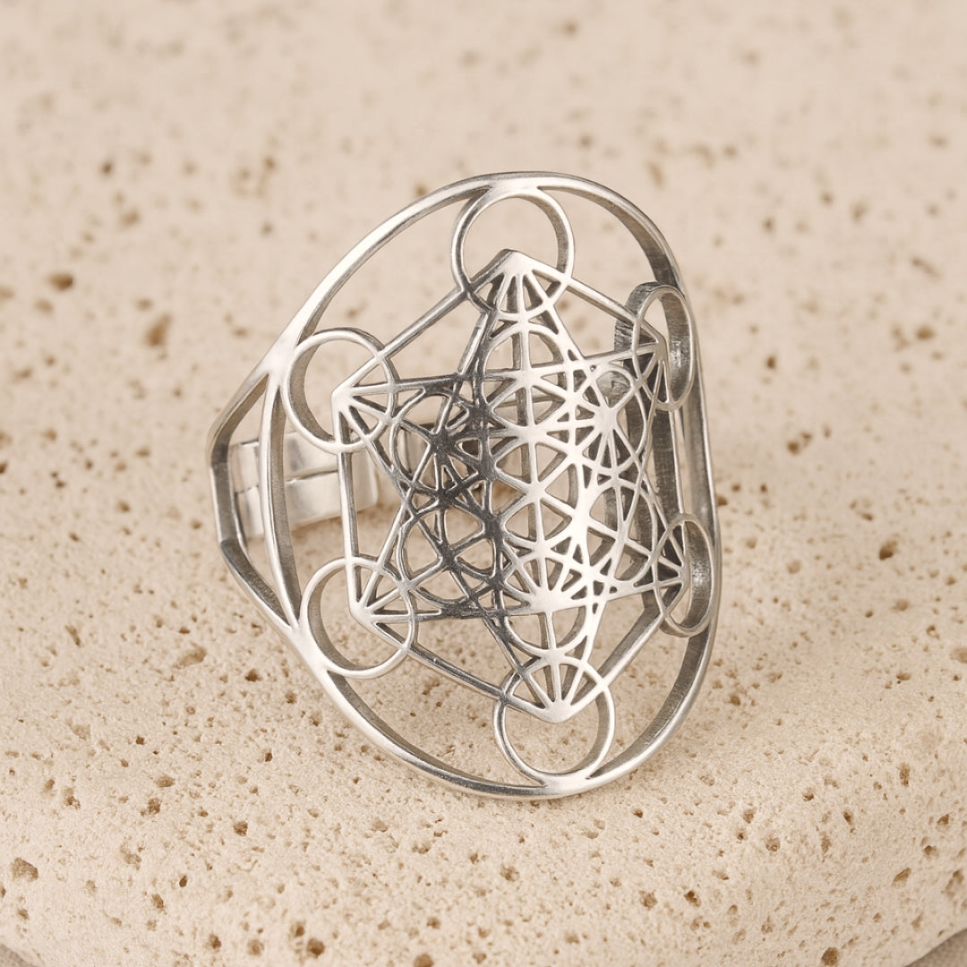 Lifestyle shot wearing the adjustable Metatron Cube Ring - KARMAKIND