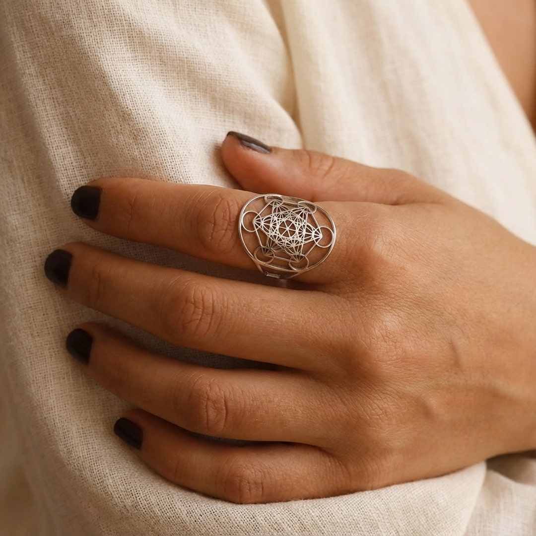 Openwork design of the adjustable Metatron Cube Ring - KARMAKIND