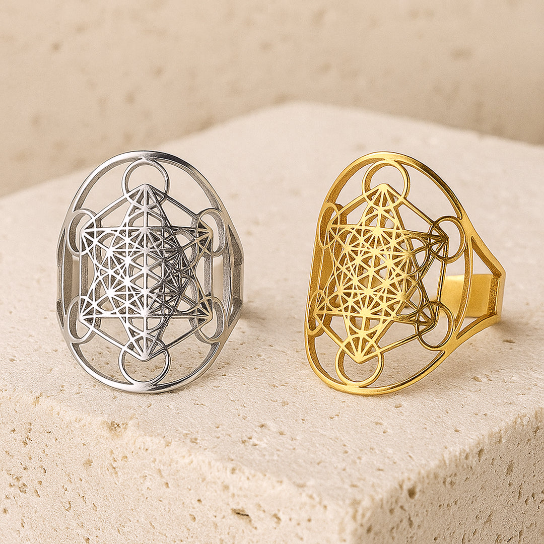Silver adjustable Metatron Cube Ring on a finger - KARMAKIND