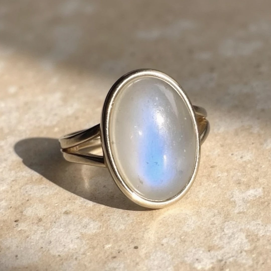 Adjustable Moonstone Ring with soft blue flashes, looking like a fragment of moonlight - KARMAKIND