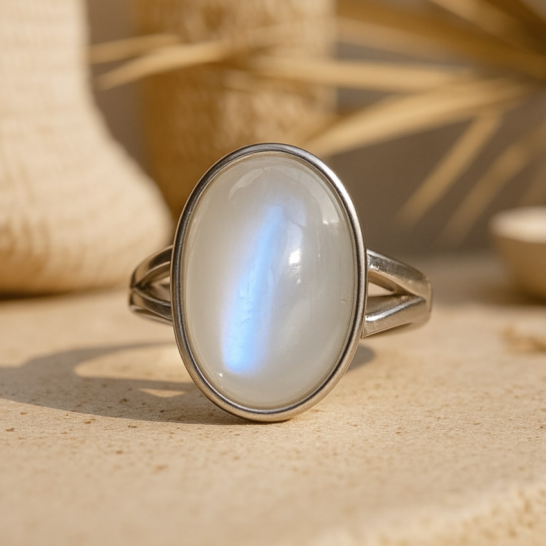 The Moonstone ring on a finger, highlighting its delicate design - KARMAKIND