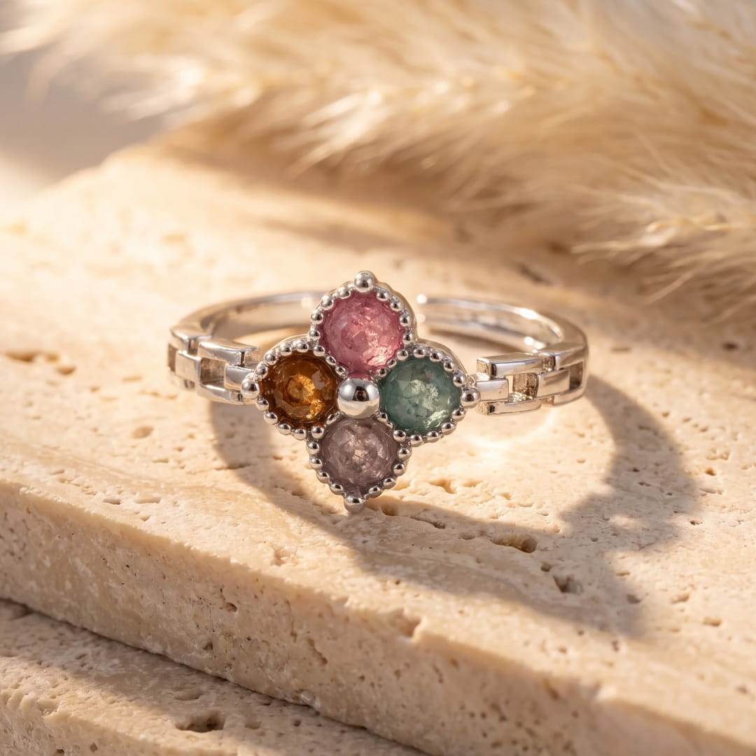 Adjustable clover ring with multicolor tourmaline stones