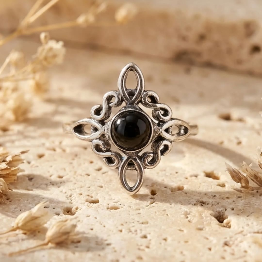 Adjustable Obsidian Witch's Knot Ring - KARMAKIND
