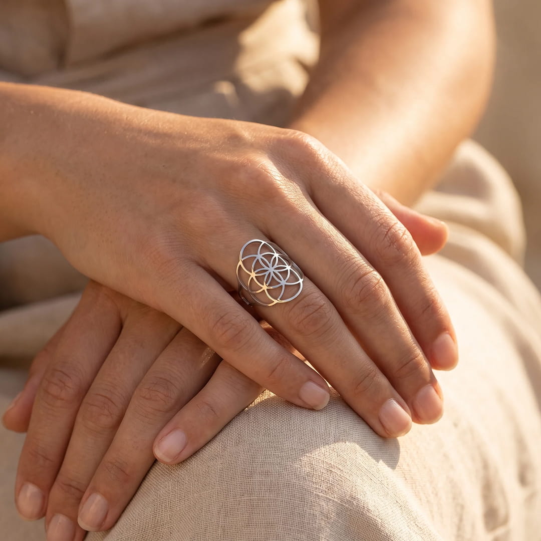 Close-up of the Seed of Life engraving on the ring