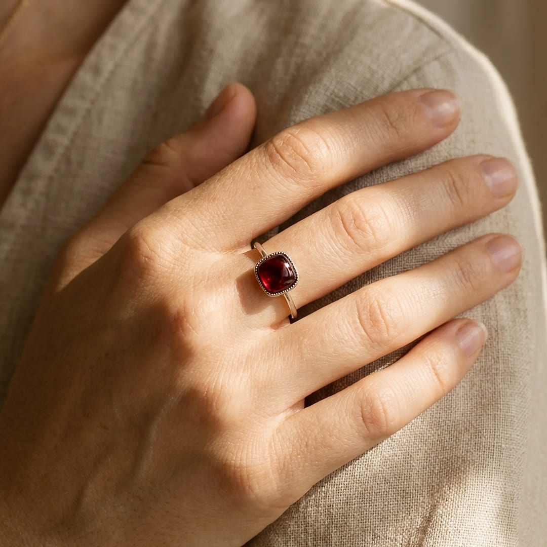 Ring with a square-cut red garnet gemstone - KARMAKIND
