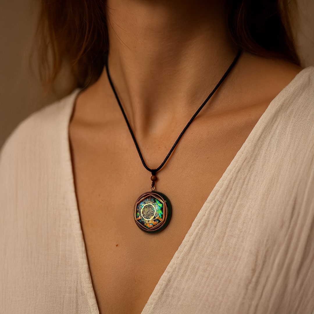Close-up of the colorful orgonite pendant