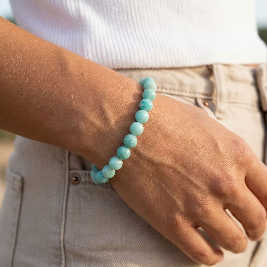 Close-up of the smooth Amazonite beads on the 'New Shore' Bracelet - KARMAKIND