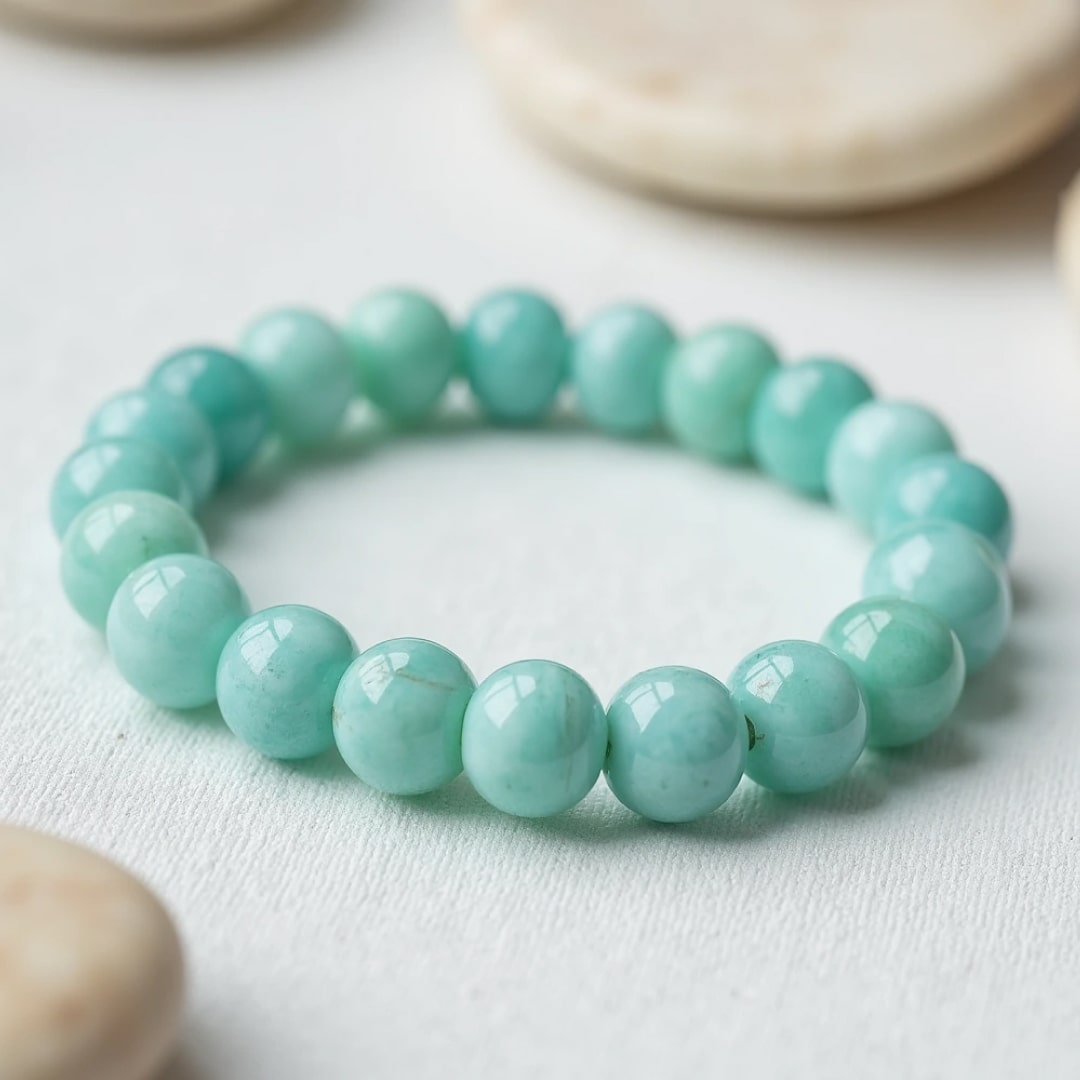 Model wearing the Amazonite 'New Shore' Bracelet, showcasing its serene vibe - KARMAKIND