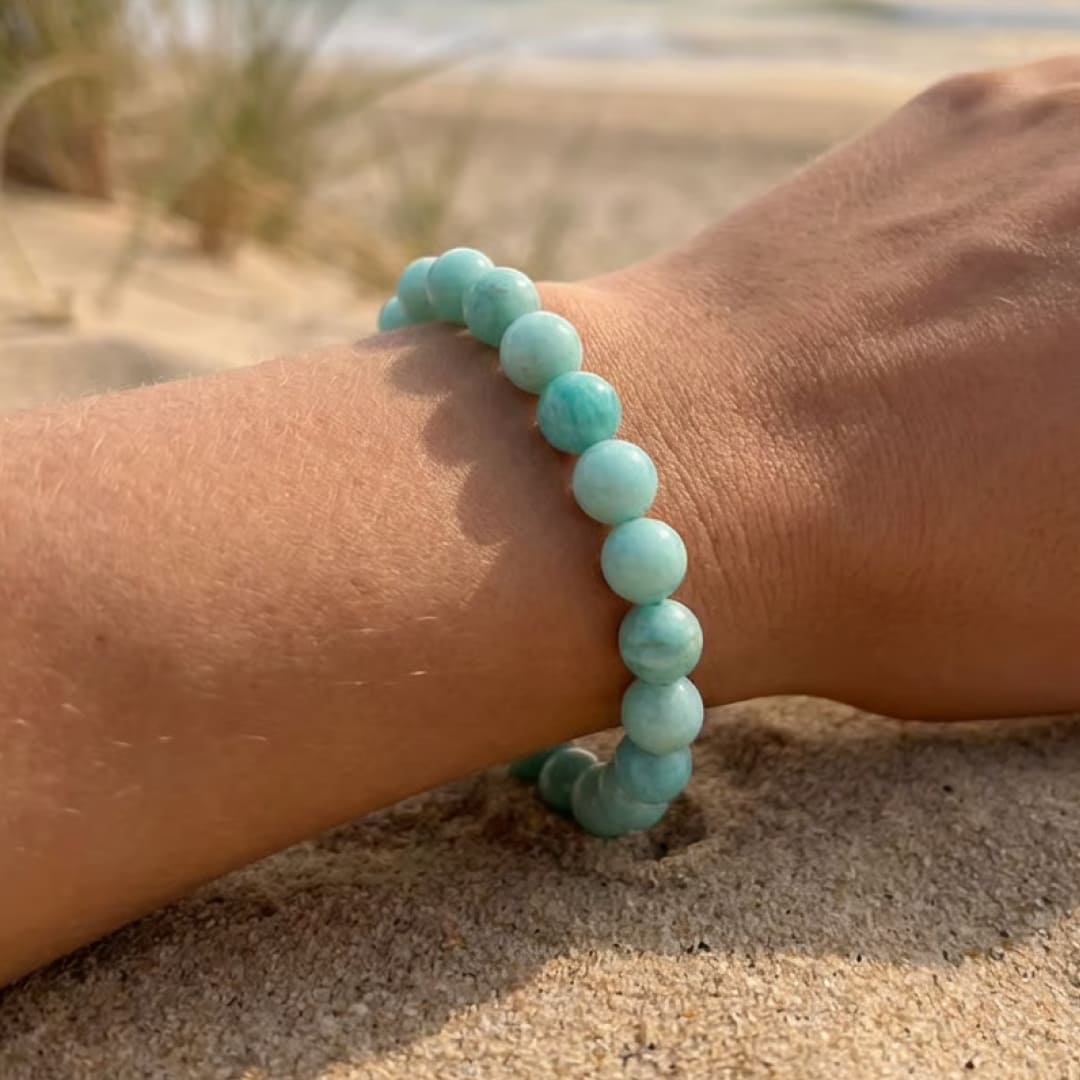 The Amazonite 'New Shore' Bracelet laid flat, highlighting its simple elegance - KARMAKIND