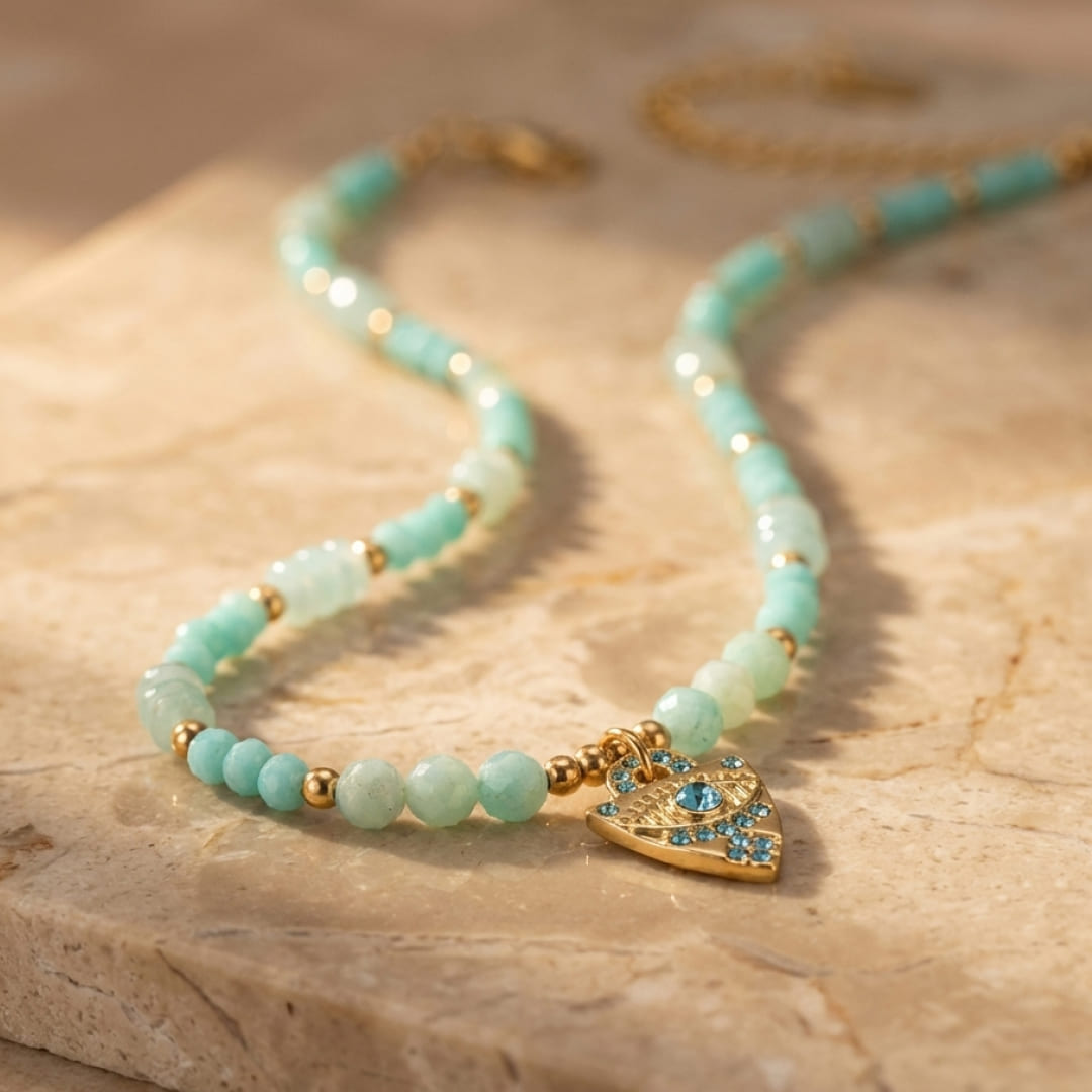 Model wearing the Amazonite Protective Eye Necklace
