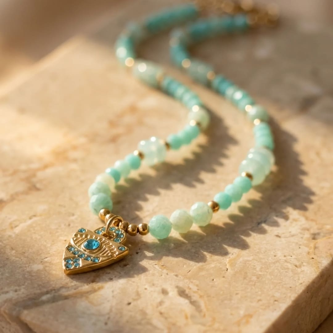 Detail of the golden eye charm on the necklace