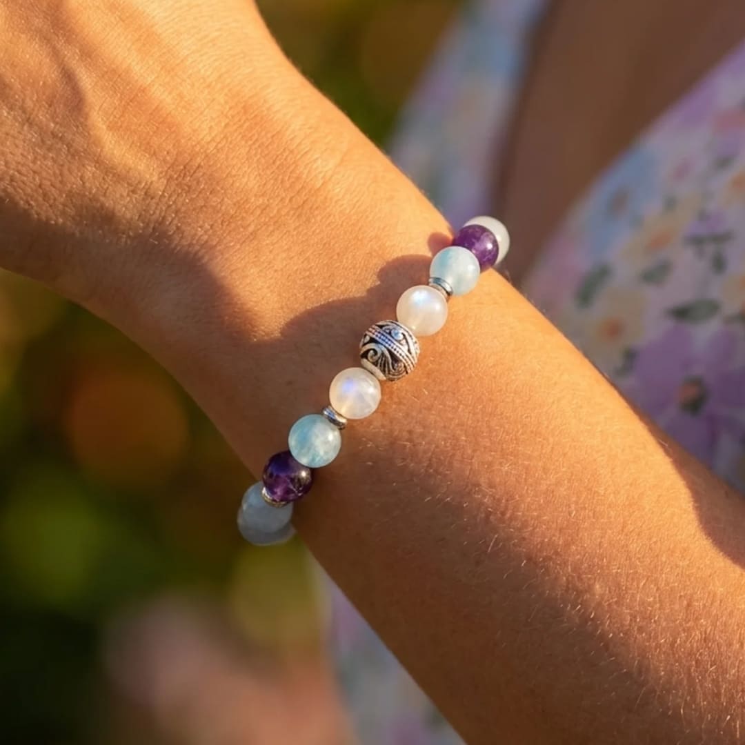 Close-up of moonstone and aquamarine beads - KARMAKIND