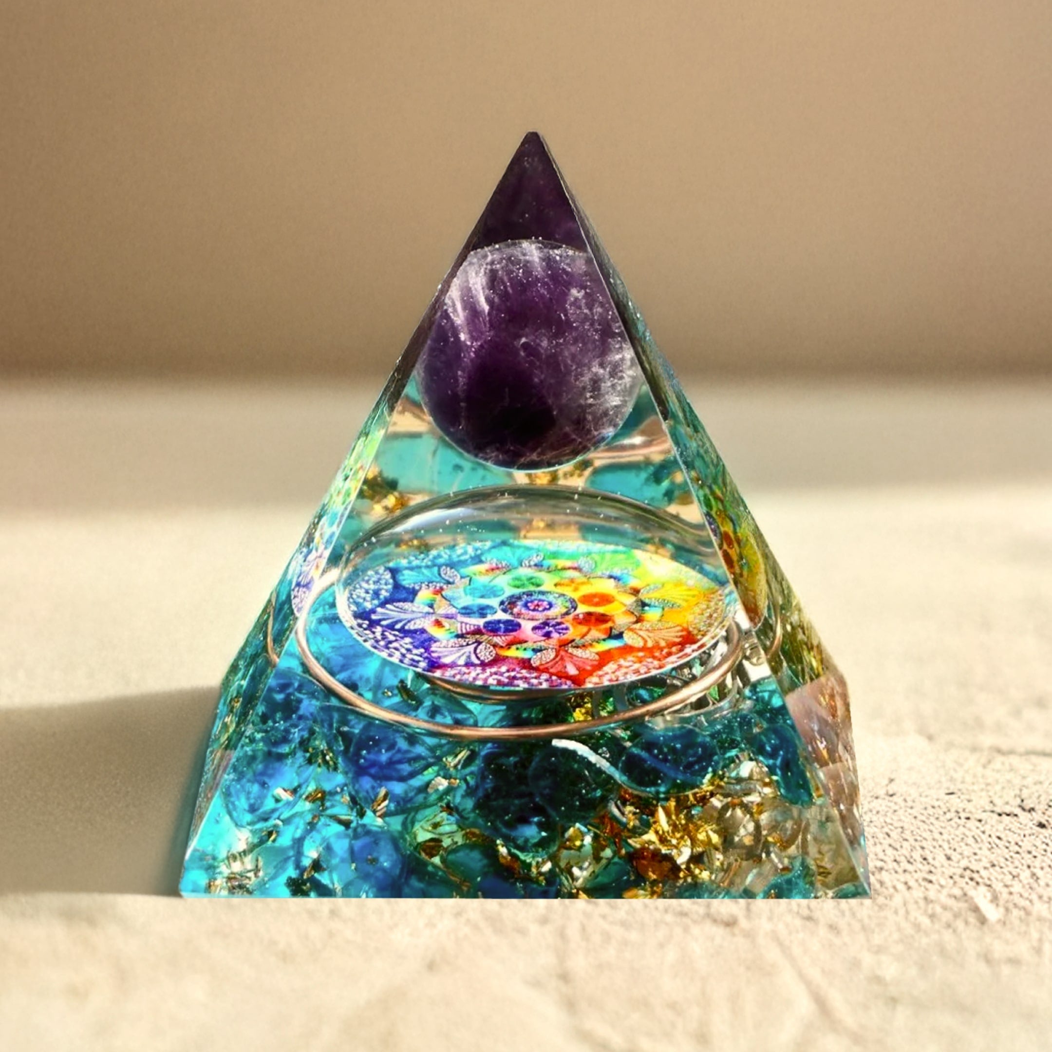 Amethyst and Blue Quartz 'Refuge' Orgonite with mandala and golden flecks - KARMAKIND