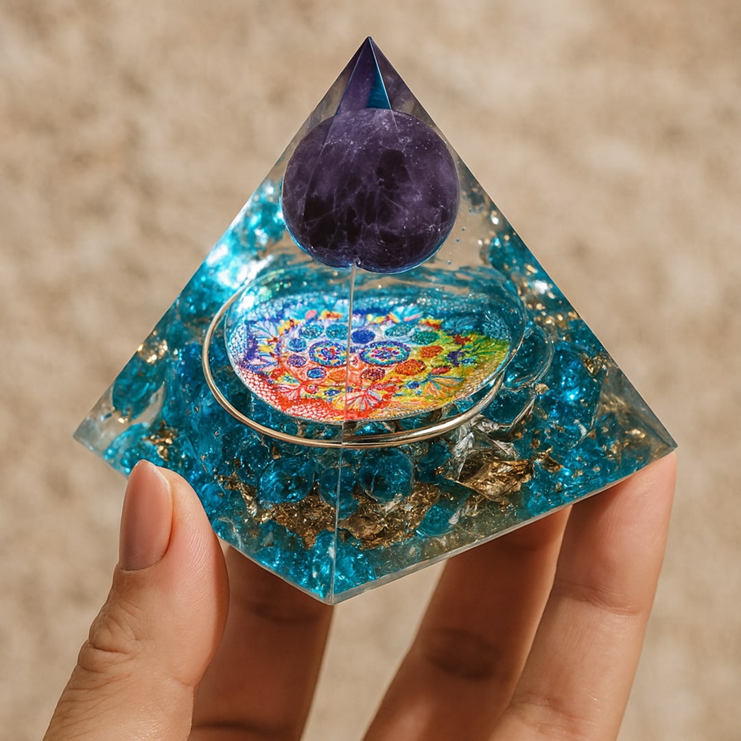 Close-up of Amethyst and Blue Quartz 'Refuge' Orgonite - KARMAKIND