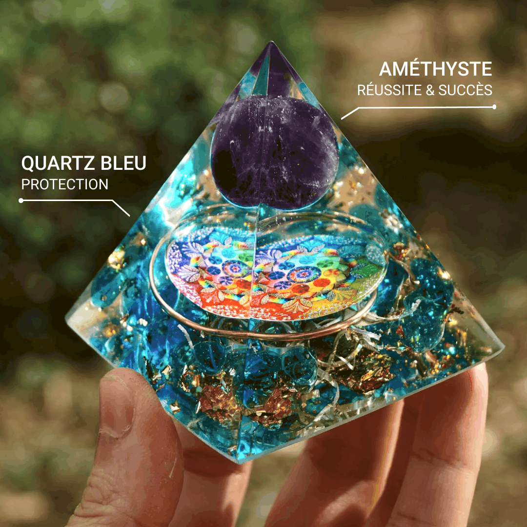 Amethyst and Blue Quartz 'Refuge' Orgonite showing vibrant colors - KARMAKIND