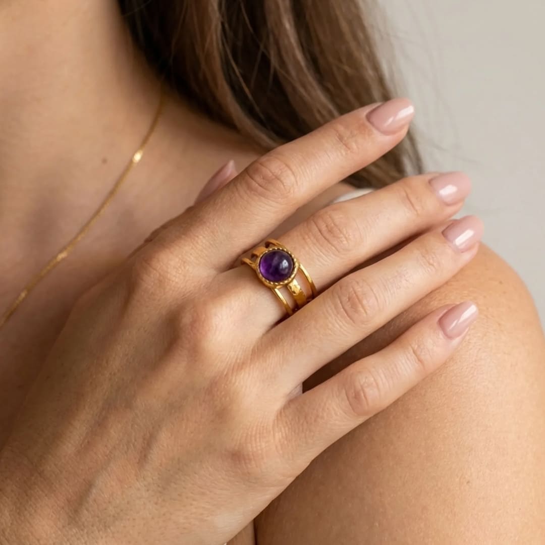 Close-up of the Amethyst gemstone on the Essence Ring