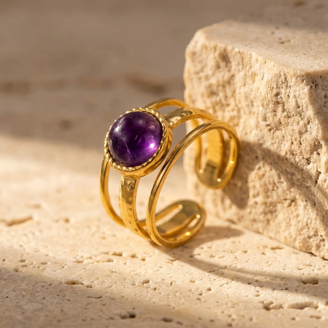 Side view of the Amethyst Essence Ring showing intertwined bands