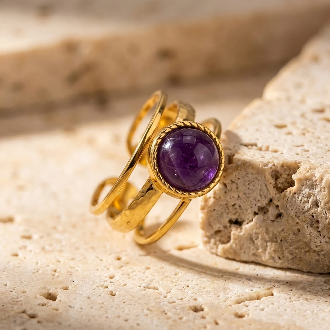 Model wearing the Amethyst Essence Ring on her finger