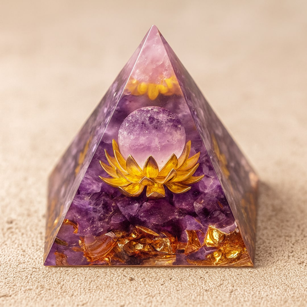 Amethyst 'Lotus' Orgonite with golden lotus and amethyst sphere - KARMAKIND