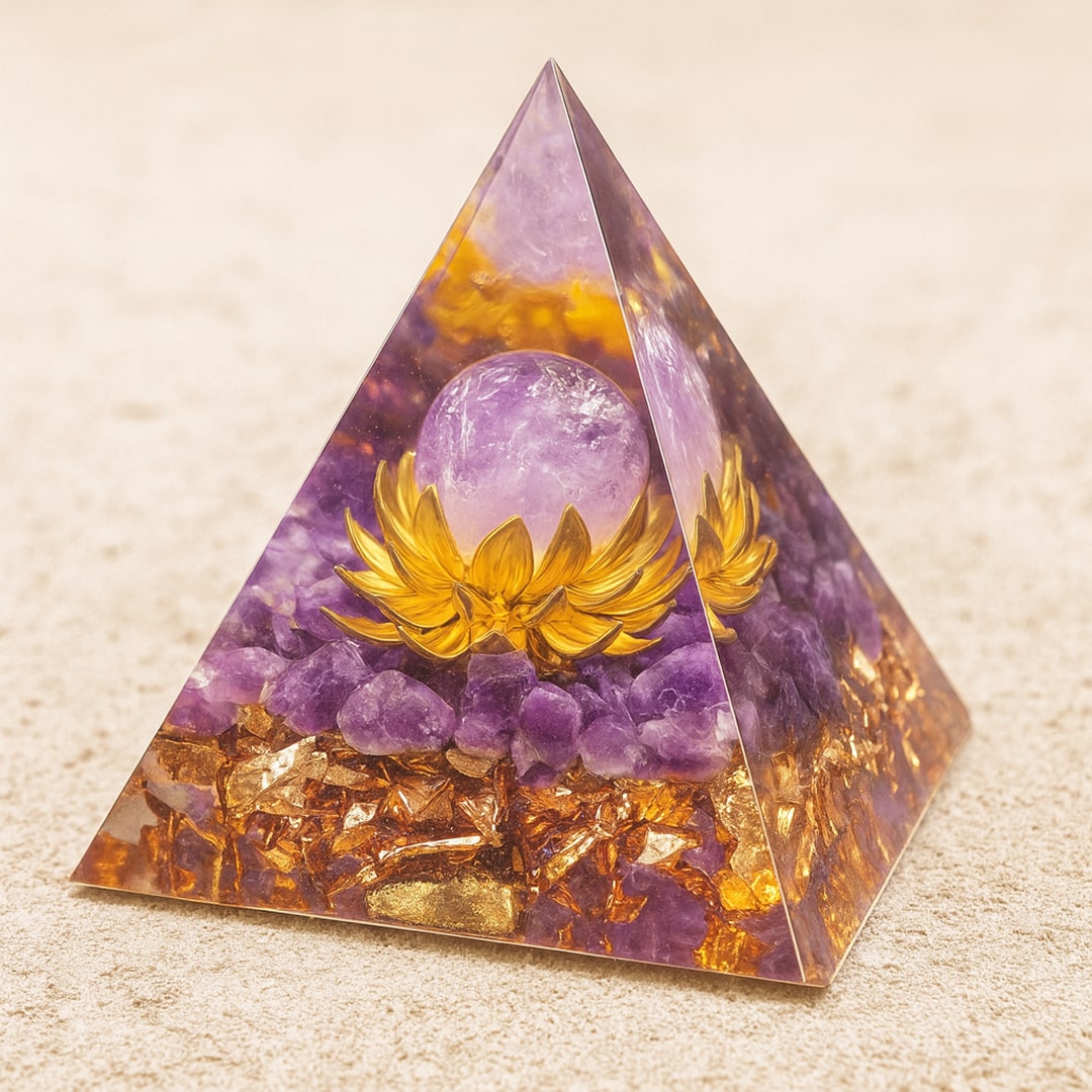 Close-up of the golden lotus and amethyst sphere within the orgonite - KARMAKIND
