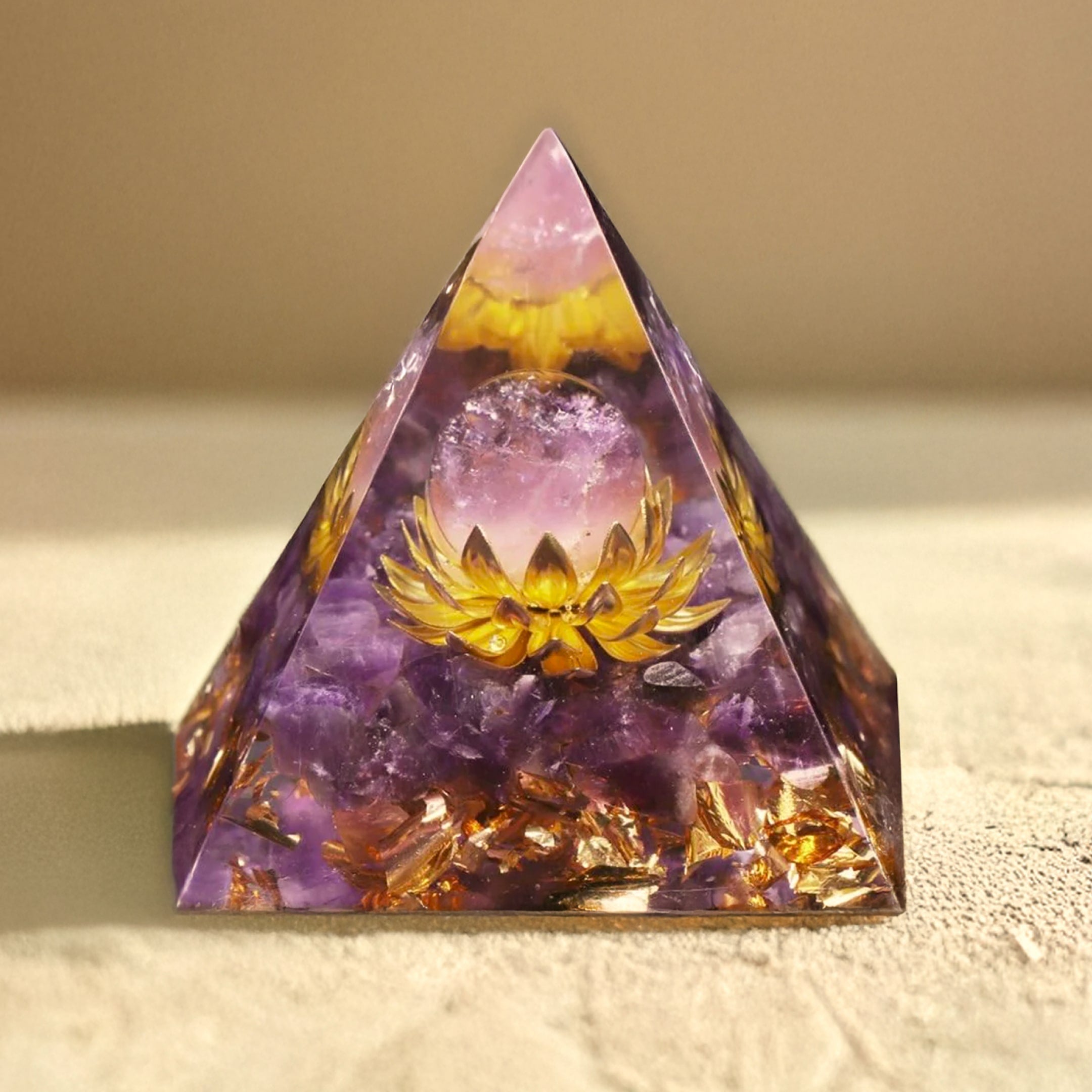 Amethyst 'Lotus' Orgonite showcasing violet flecks and golden leaves - KARMAKIND