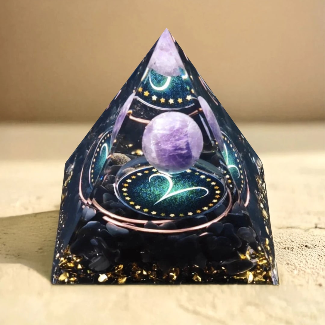 Amethyst and Obsidian Astrological Sign Orgonite Pyramid with Amethyst sphere and star details - KAR