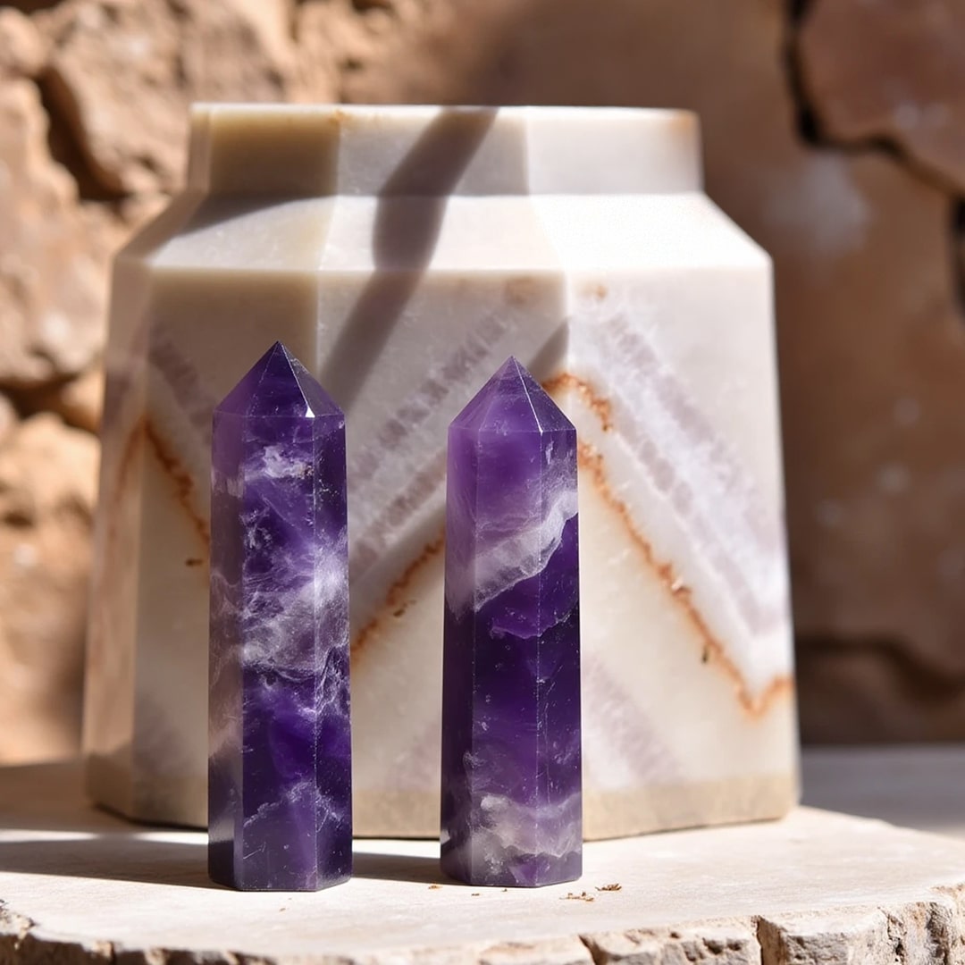 Close-up of the violet swirls on the amethyst point - KARMAKIND