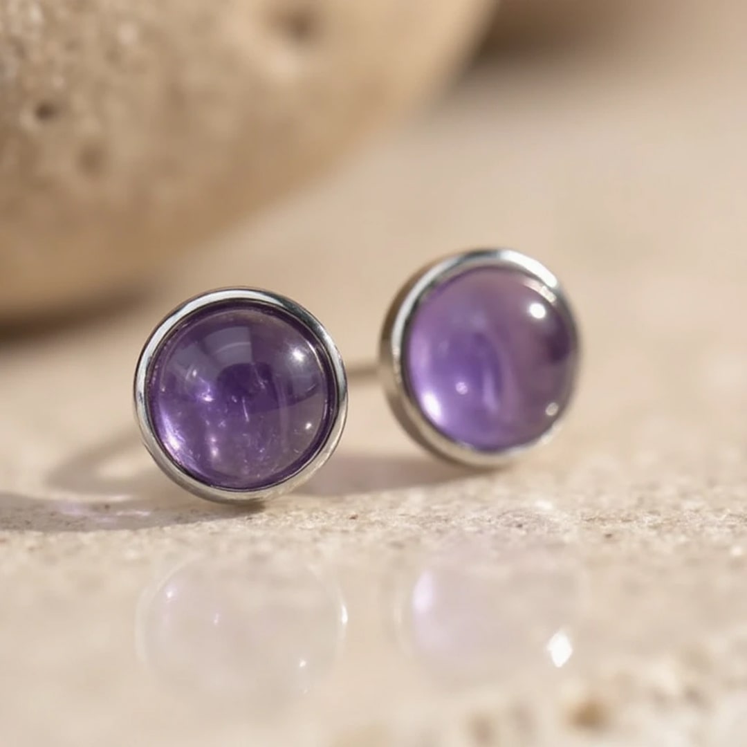 Amethyst and silver stud earrings from KARMAKIND, detail shot