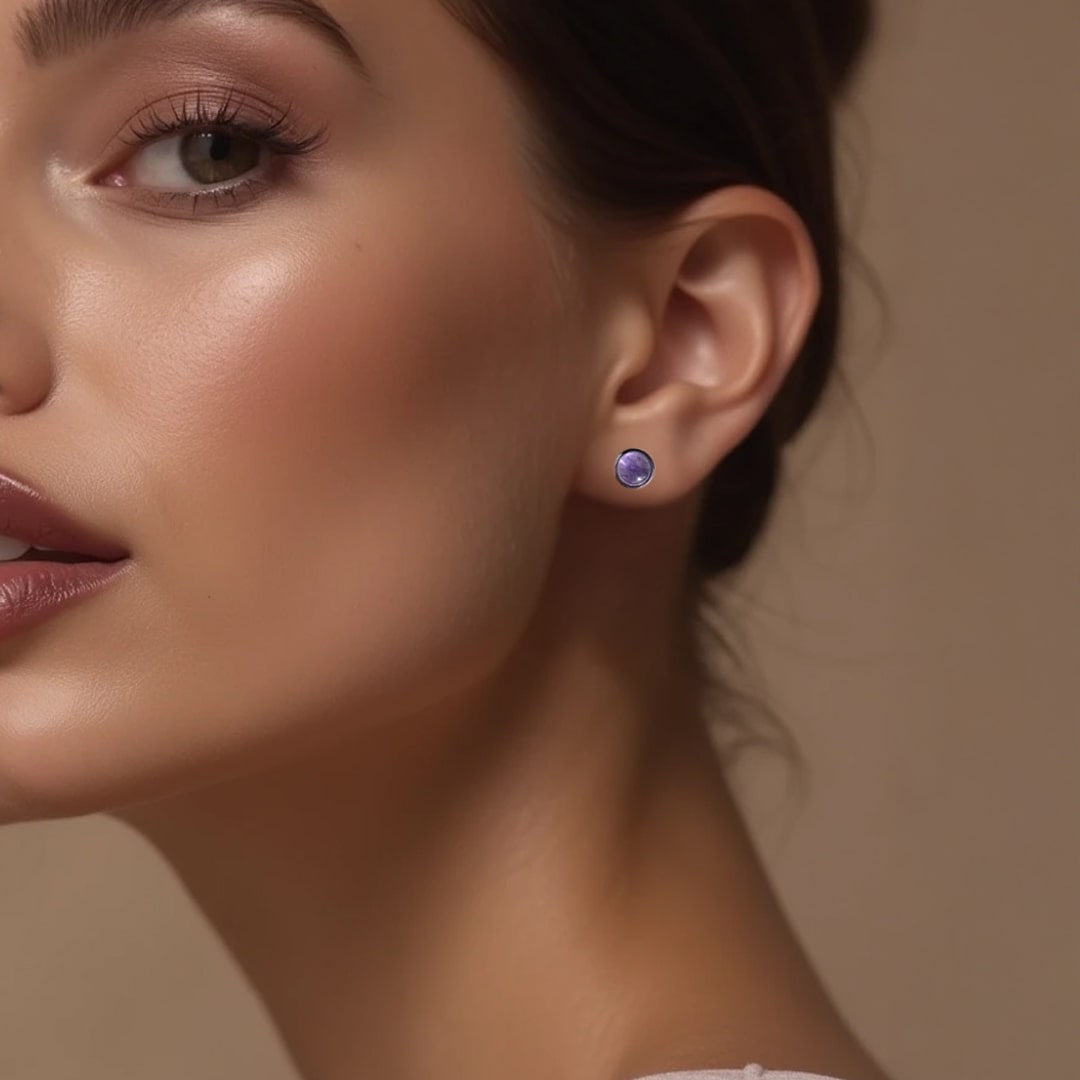 Amethyst and silver stud earrings in packaging