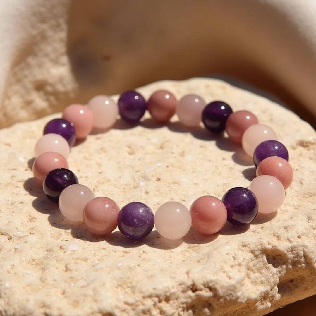 Self-Love Bracelet with Rhodonite, Rose Quartz, and Amethyst, showing its beautiful stones
