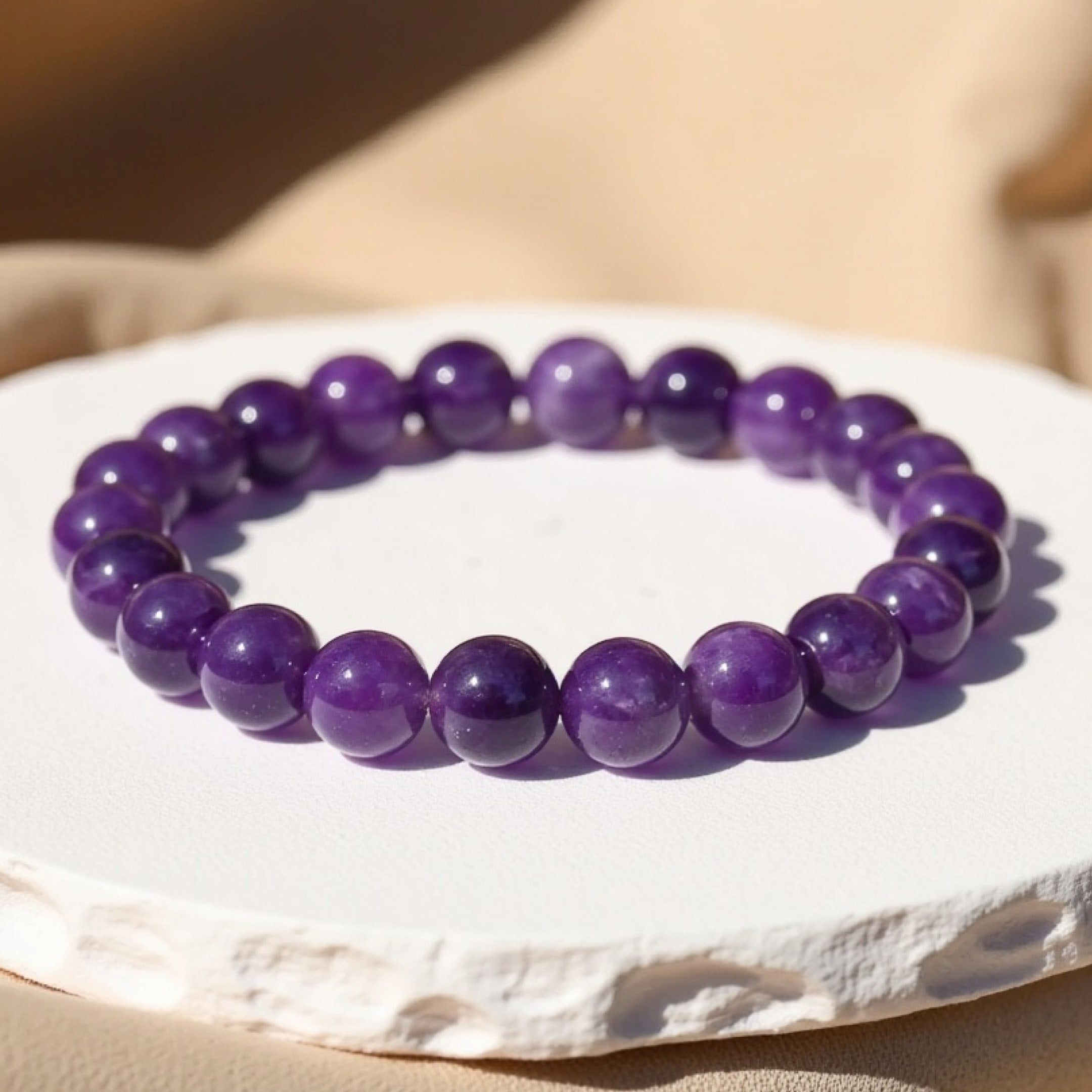 Symbol of Soothing Bracelet with Amethyst, showcasing deep purple beads