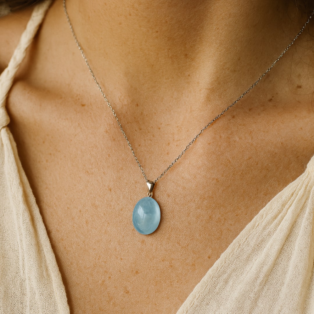 Close-up of the Aquamarine "Deep Calm" Oval Pendant