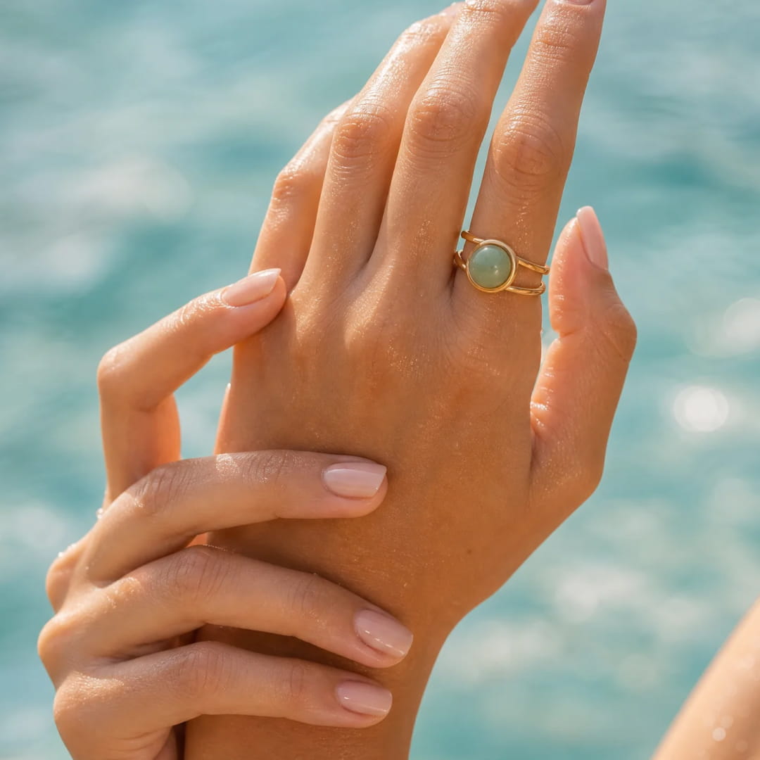 Close-up of the Arya Green Aventurine Ring - KARMAKIND